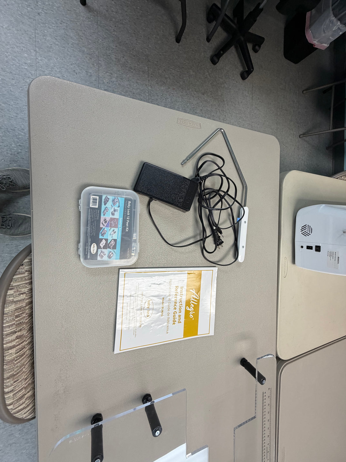 Foot control, accessories and Sew Steady table