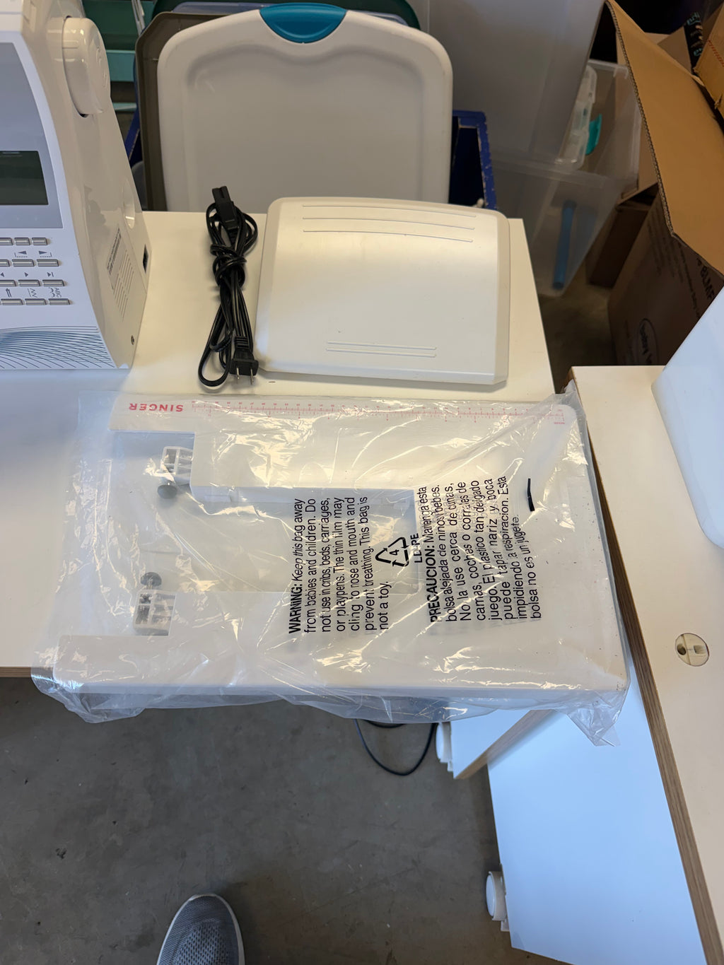 Extension table, foot control and power cord